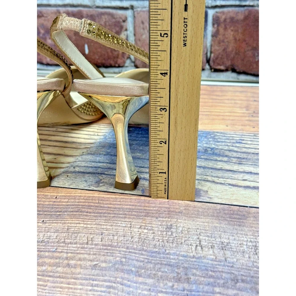 Halston Women's Hawaii Embellished Slingback Pointed Toe Heels Gold Rhinestone 8